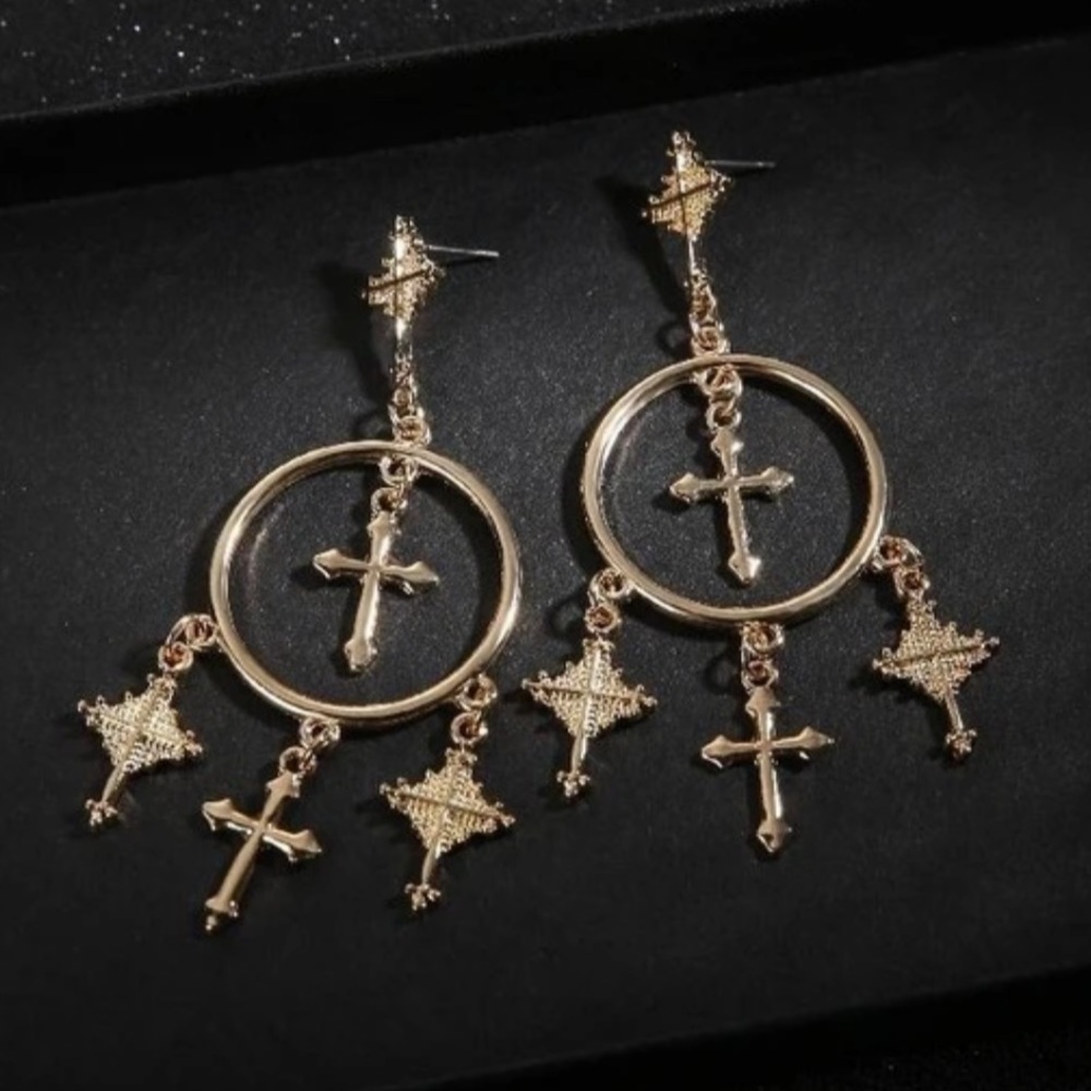 Gold Cross Hoop Tassel Chandelier Drop Earrings